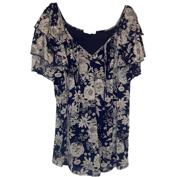 Joie De Vivre Tops - Joie de Vivre Blue Beige Floral Sheer Lined Flowy Flutter Sleeve Blouse Top 2X